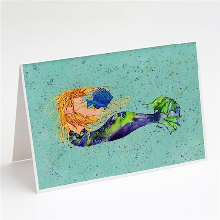 Carolines Treasures Carolines Treasures 8336GCA7P Blonde Mermaid on Teal Greeting Cards & Envelopes - Pack of 8 8336GCA7P